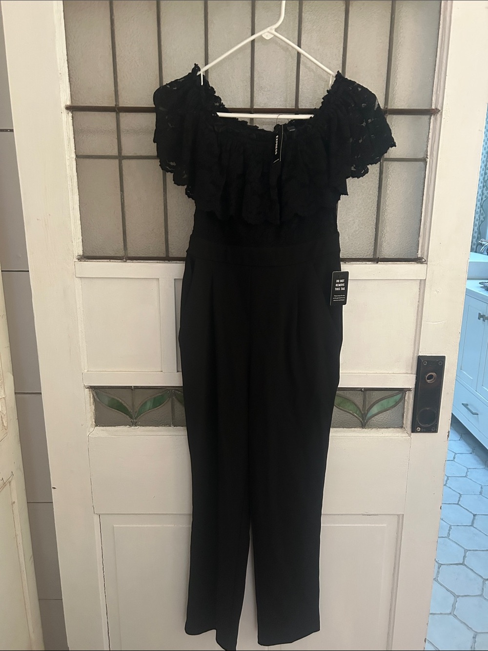 Express Black Off-Shoulder Lace Ruffle Jumpsuit